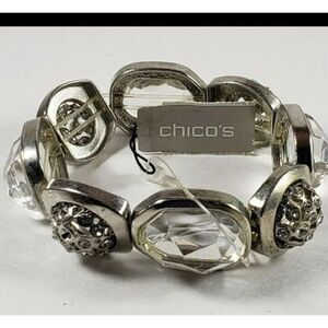 Chicos Roselle Bracelet Clear Crystal Rhinestone‎ Statement Silver Stretch New